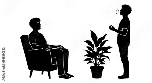 Therapist presenting a potted plant to a seated client during a session Vector, illustration
