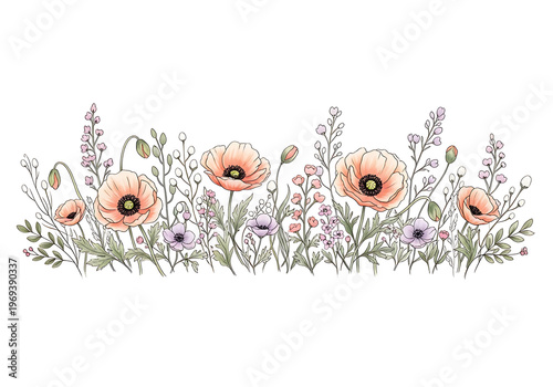 Elegant watercolor style poppies and wildflowers in a natural arrangement