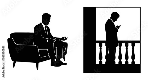 Contrast between focused engagement and distracted solitude in modern life settings Vector, illustration