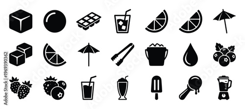 Collection of black silhouette icons depicting various summer drink and dessert elements, including ice cubes, fruit, and beverages