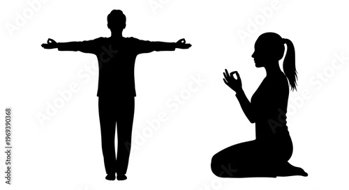 Two figures demonstrating meditation and relaxation poses Vector, illustration