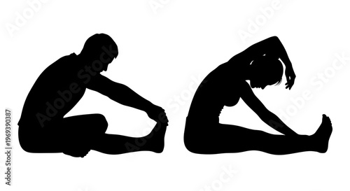 Silhouettes of two individuals in different seated meditation or yoga postures Vector, illustration