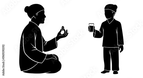 Traditional offering of medicine and beverage between two individuals Vector, illustration