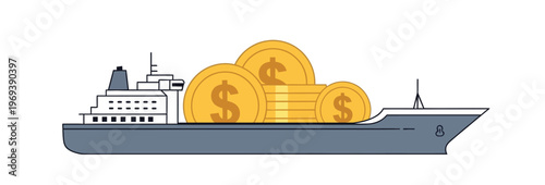 Conceptual illustration of a large cargo ship transporting stacks of golden dollar coins, symbolizing global financial movement, wealth management, and international trade investments across seas