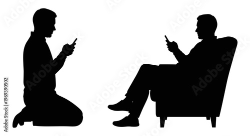 Two individuals engrossed in their smartphones during a conversation setting. Vector, illustration