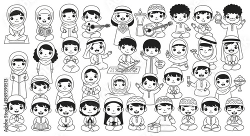 Collection of cartoonish Muslim children in various poses and outfits.