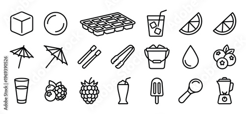Collection of black outline icons representing various refreshing summer drinks, fruits, and related accessories, presented in a clean, minimalist style