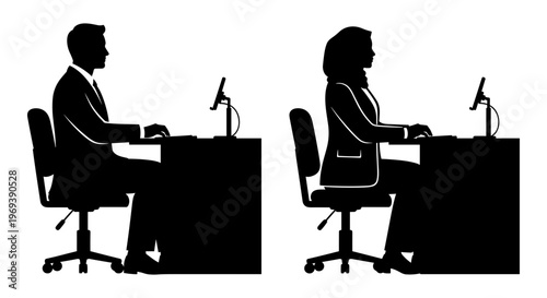 Two professionals seated at desks with microphones during an interview or broadcast Vector, illustration