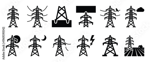 Various black silhouette electricity pylons and power line icons are displayed in a grid on a white surface
