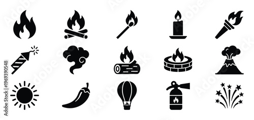 Collection of black silhouette icons representing various fire-related objects and heat sources on a clean white surface