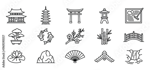 Collection of fifteen black outline icons representing various traditional Japanese cultural elements and symbols