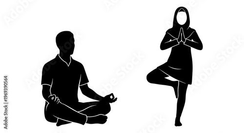 Two yoga poses illustrated in a simple black and white line drawing Vector, illustration