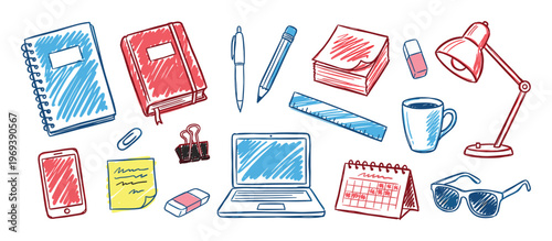 Various colorful hand-drawn office and school supplies are scattered across a clean white surface, depicted in a playful doodle style