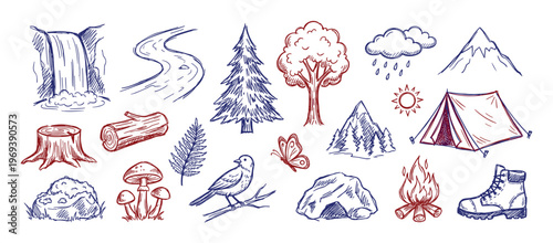 Collection of hand-drawn outdoor and camping elements in blue and red ink, featuring nature objects and adventure gear