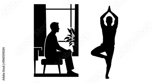 Contrast between sedentary lifestyle and active yoga practice for mental and physical health Vector, illustration