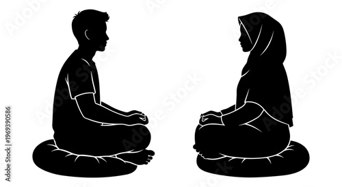 Two individuals sitting in a meditative cross-legged pose facing each other. Vector, illustration