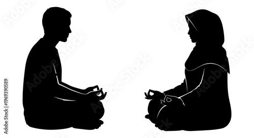 Two individuals meditating in a cross-legged sitting position facing each other Vector, illustration