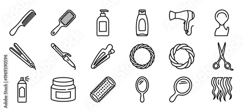 Collection of various line art icons representing different hair care and styling tools and products, displayed neatly