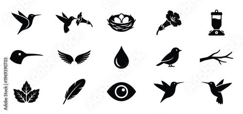 Collection of black silhouette icons depicting various bird-related elements and nature symbols in a clean, graphic style