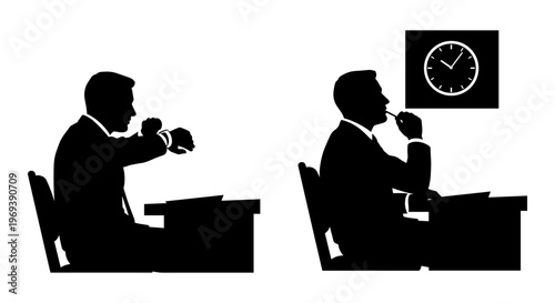 Two men in formal attire engaged in a silent conversation with a clock in the background Vector, illustration