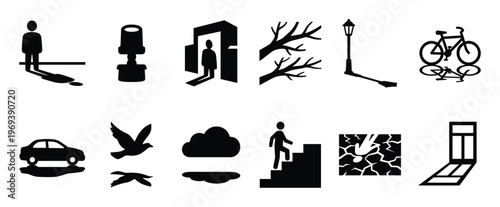 Collection of black silhouette icons depicting various objects and concepts with cast shadows, presented in a graphic style