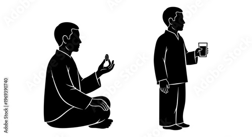 A man kneeling while another offers him a drink and coin in formal attire Vector, illustration