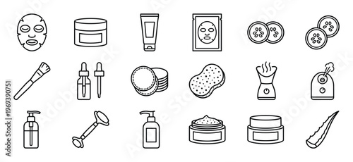 Collection of black outline icons depicting various skincare and beauty products and tools arranged neatly