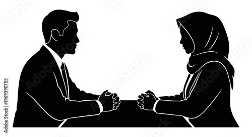 Handshake between a man in suit and a woman in hijab Vector, illustration