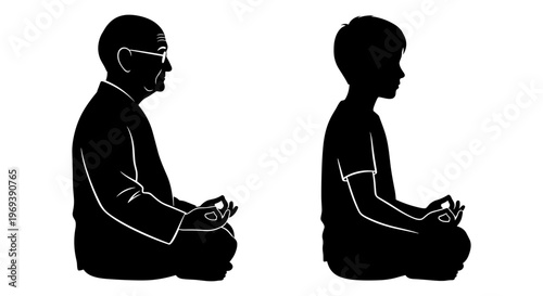 Two individuals practicing meditation in a cross-legged sitting posture. Vector, illustration