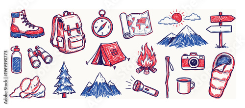 Hand-drawn red and blue camping and hiking gear items are arranged as a collection, depicting outdoor adventure essentials