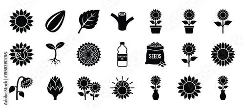 Collection of black silhouette sunflower icons depicting various stages of growth, products, and related elements in a flat style