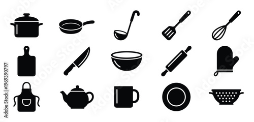 Collection of fifteen black silhouette kitchen utensils and cooking tools arranged neatly on a white surface