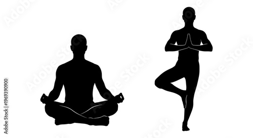 Two yoga poses: meditation and tree pose with hands in prayer gesture Vector, illustration