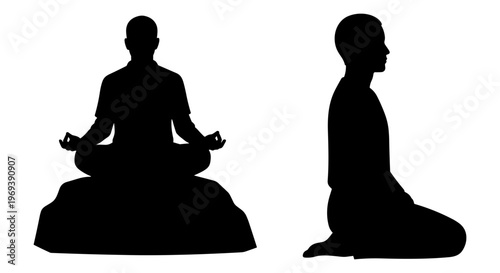 Two silhouettes demonstrating traditional meditation and prayer postures. Vector, illustration