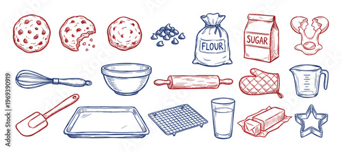 Collection of hand-drawn baking ingredients and kitchen tools in a charming red and blue sketch style