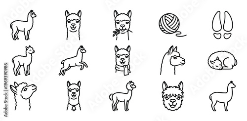 Collection of fifteen black outline alpaca icons in various poses and expressions, including a yarn ball and footprints