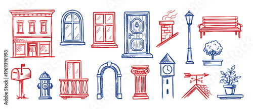 Collection of hand-drawn red and blue architectural and urban elements, including buildings, doors, windows, and street furniture, in a sketch art style