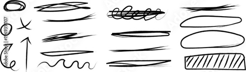Set of handdrawn scribble elements, brush strokes, circles, arrows, and underlines for design