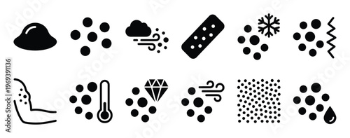 Collection of black and white icons representing various skin conditions, allergens, and environmental factors in a clean, graphic style