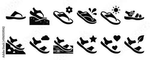 Various black silhouette icons depicting different types of sandals and flip-flops in diverse settings and with symbolic elements