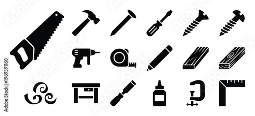Comprehensive collection of black silhouette carpentry and woodworking tools, including a saw, hammer, drill, and measuring tape, displayed as icons