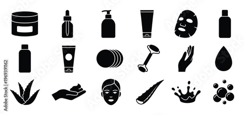 Collection of black silhouette icons representing various skincare and beauty products and elements, presented in a clean, minimalist style
