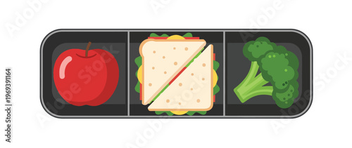 Healthy and balanced lunchbox with a fresh apple, a delicious sandwich, and vibrant broccoli florets, perfect for a nutritious meal on the go