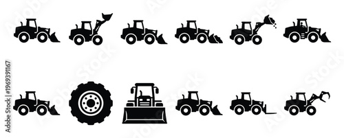 Collection of black silhouette construction vehicles, including various front loaders, excavators, and a single tire, presented as simple icons