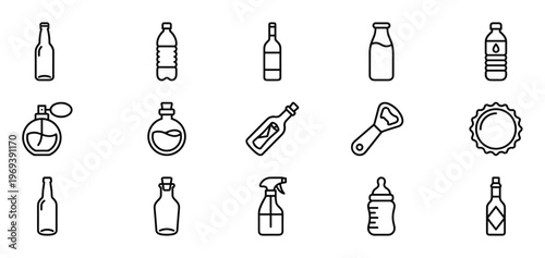 Collection of fifteen black outline icons depicting various bottles, containers, and related items in a clean, modern style