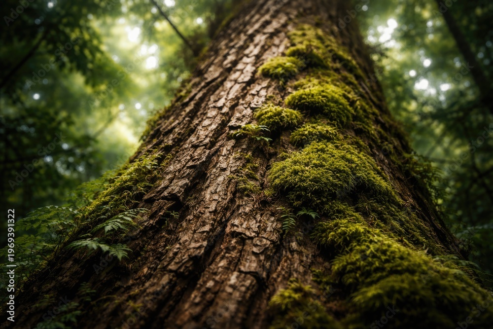 Fototapeta premium Macro view of a tall tree trunk with detailed bark texture and vibrant moss in dense forest foliage
