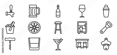 Collection of black outline bar and drink icons, including beer tap, mug, bottle, wine glass, shaker, ice bucket, lemon slice, bar stool, mini fridge, bottle opener, corkscrew, whiskey