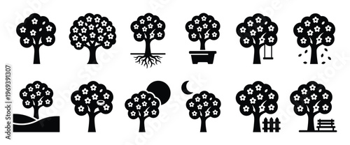 Collection of black silhouette blooming tree icons with various elements like roots, pots, swings, and fences
