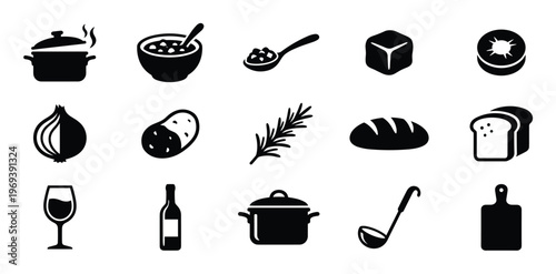 Collection of black and white cooking and food related icons, including a pot, bowl, spoon, onion, potato, and bread, presented in a clean, graphic style