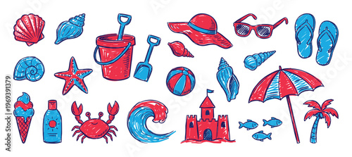 Collection of hand-drawn red and blue summer beach items, including seashells, sand toys, and a sun umbrella, are scattered across the frame